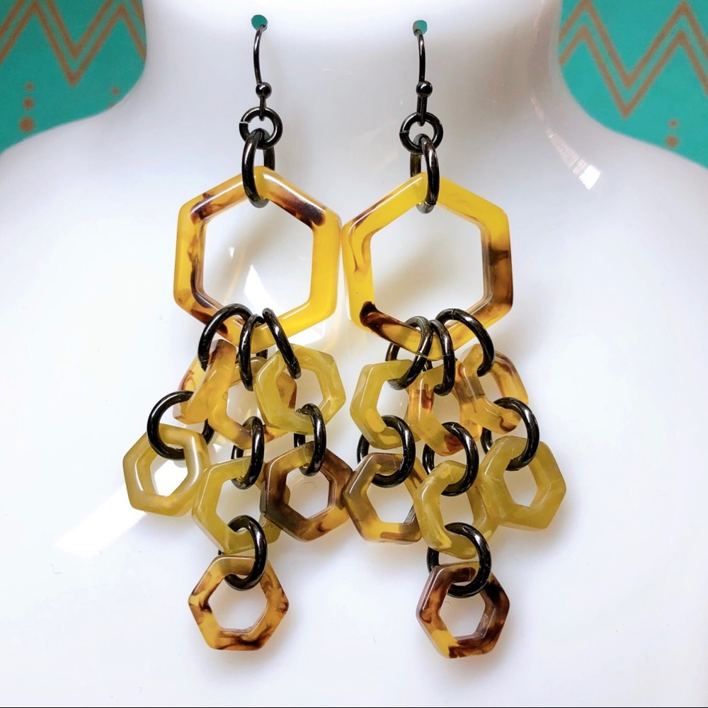 SOLD! Tortoise Shell Acrylic hexagon drop dangle earring